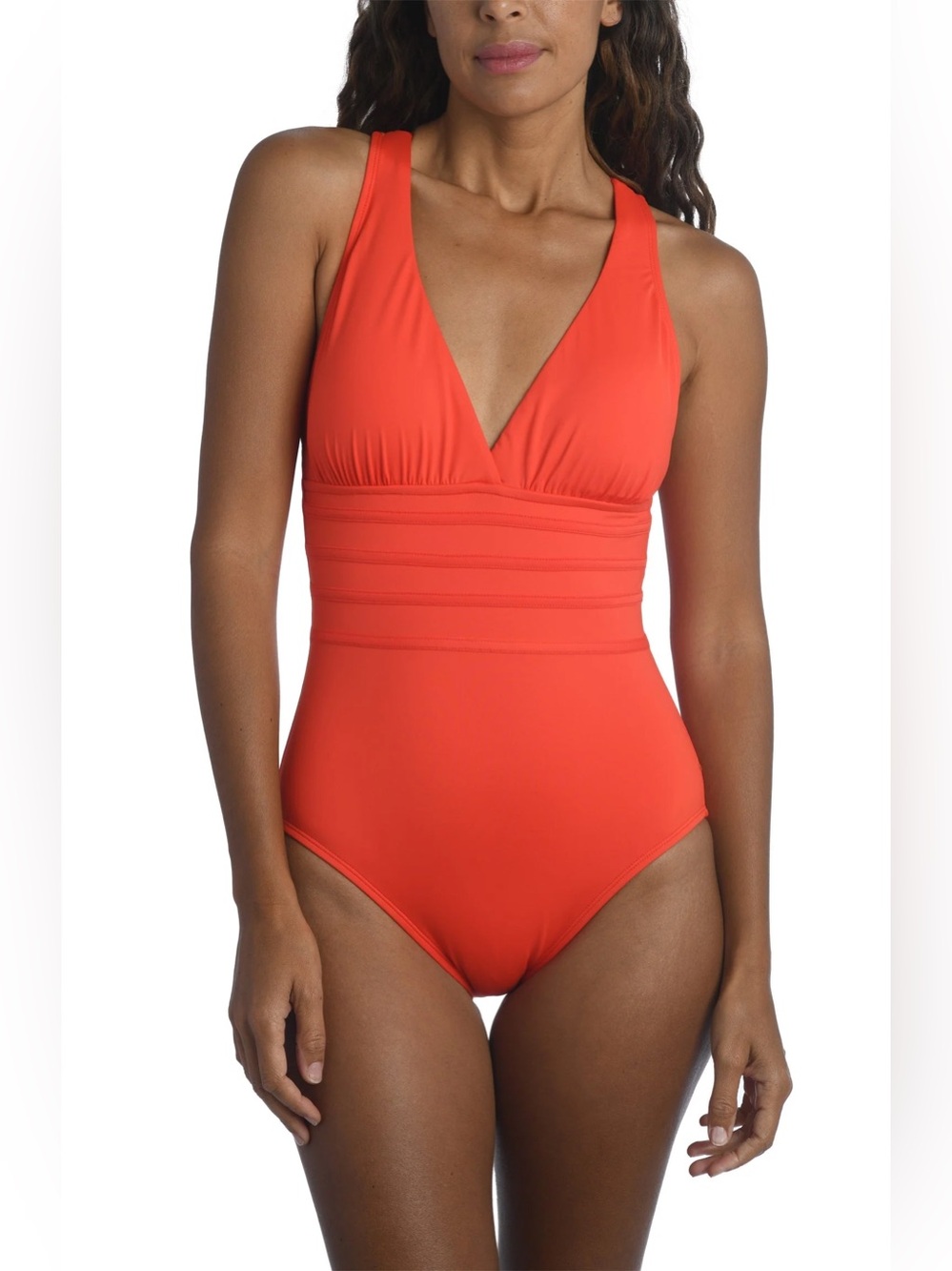 La Blanca V-Neck One-Piece Swimsuit in Coral Red with Tummy Control NWT
